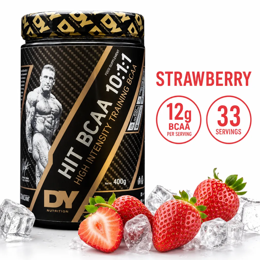 Dorian Yates HIT BCAA 10:1:1 strawberry-flavour amino acid powder, 400g, in a black and gold tub with 12g BCAA per serving.