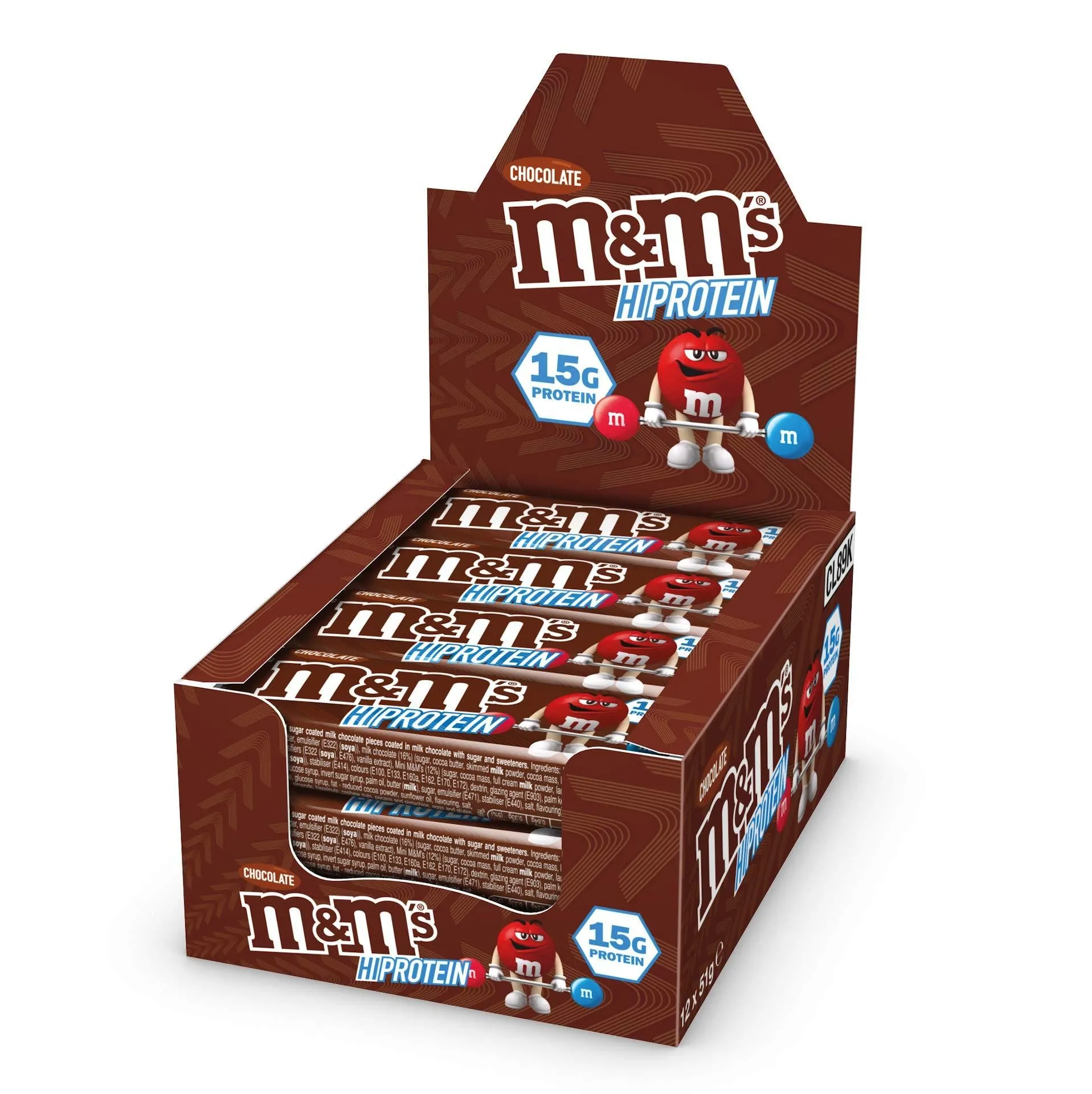 M&Ms Hi-Protein Bar chocolate protein snack, 51g bars with 15g protein in a brown 12-pack display box