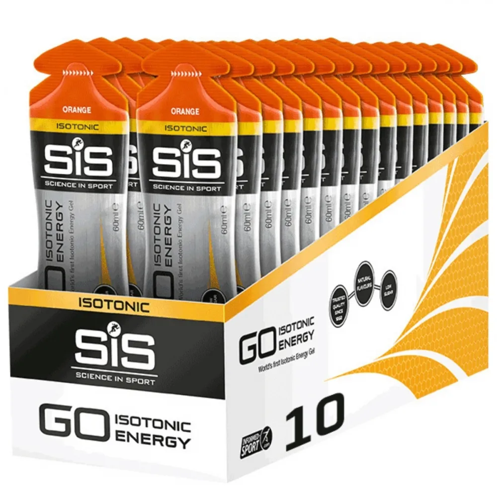 SiS GO Isotonic Energy Gel 60ml orange flavour, box of 10, carbohydrate energy gel for endurance sports, with isotonic formula and orange packaging.
