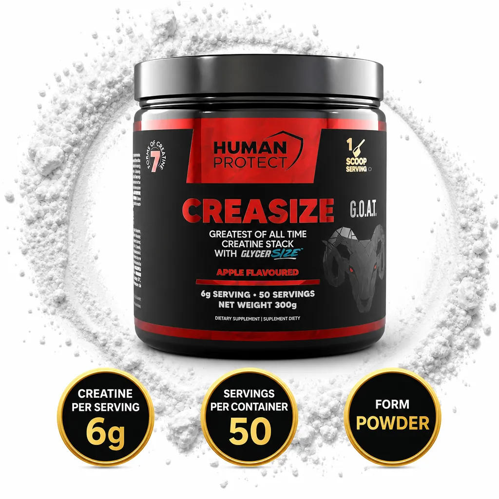 Human Protect CreaSize 300g apple-flavoured creatine powder supplement with GlycerSize, 50 servings in a black tub