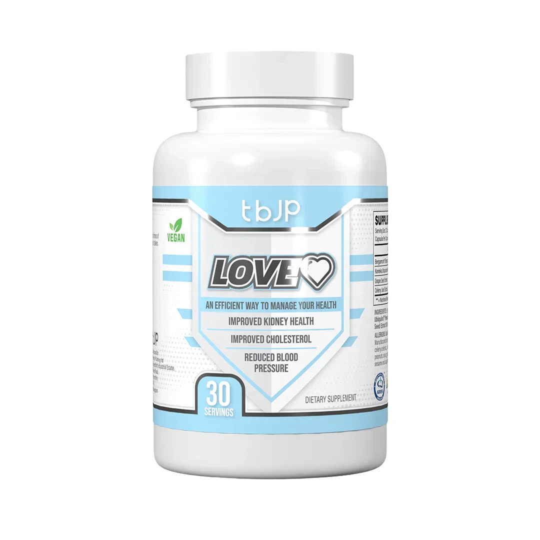 Trained by JP Nutrition Love Heart 60 Caps heart and kidney health supplement with Bergamonte Citrus Bergamot, Kaneka Ubiquinol, grape seed, and celery seed extracts, 30 servings, vegan-friendly.