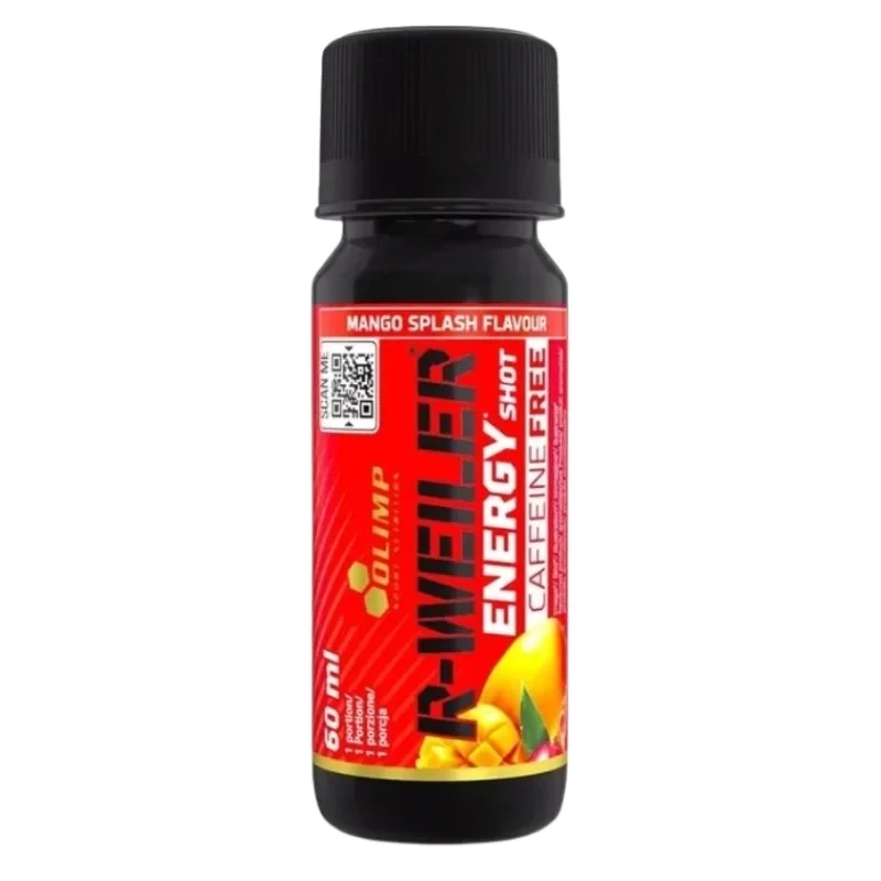 Olimp R-Weiler Energy Shots Caffeine Free Mango Splash Flavour 60ml, a stimulant-free pre-workout liquid shot for enhanced focus and endurance.