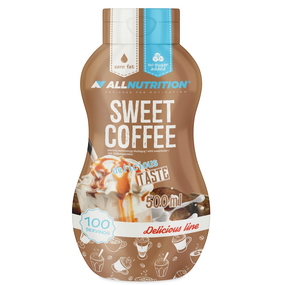 Allnutrition Sweet Sauces Sweet Coffee is a 500ml zero fat, no sugar added sweet sauce with coffee flavor, suitable for desserts and beverages, in a brown bottle.