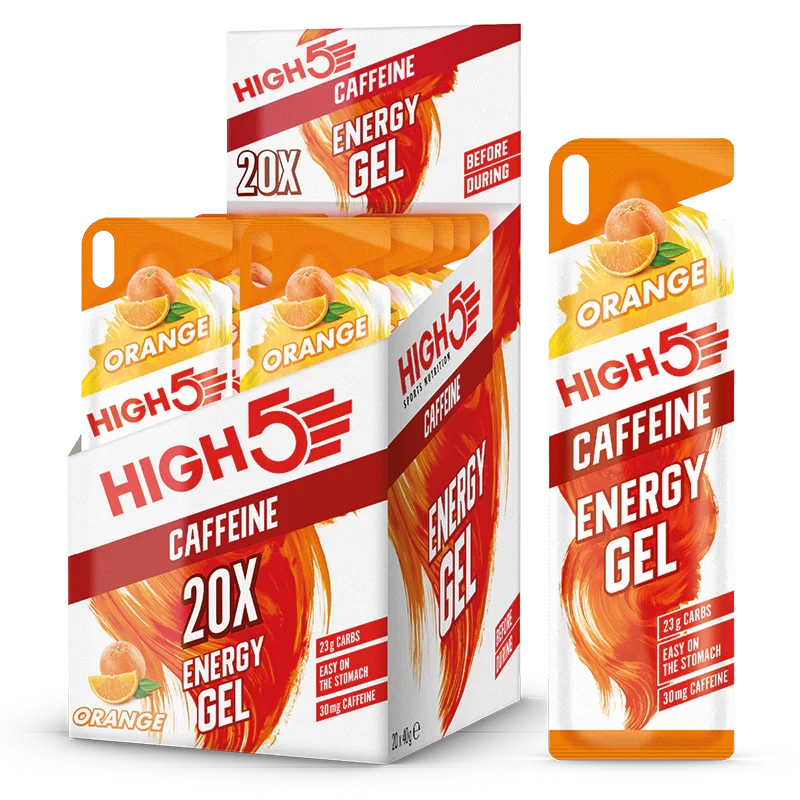 High5 Sports Nutrition Energy Gel Caffeine Orange, a 40g sachet energy gel with 23g carbohydrates and 30mg caffeine, designed for athletes and endurance sports.