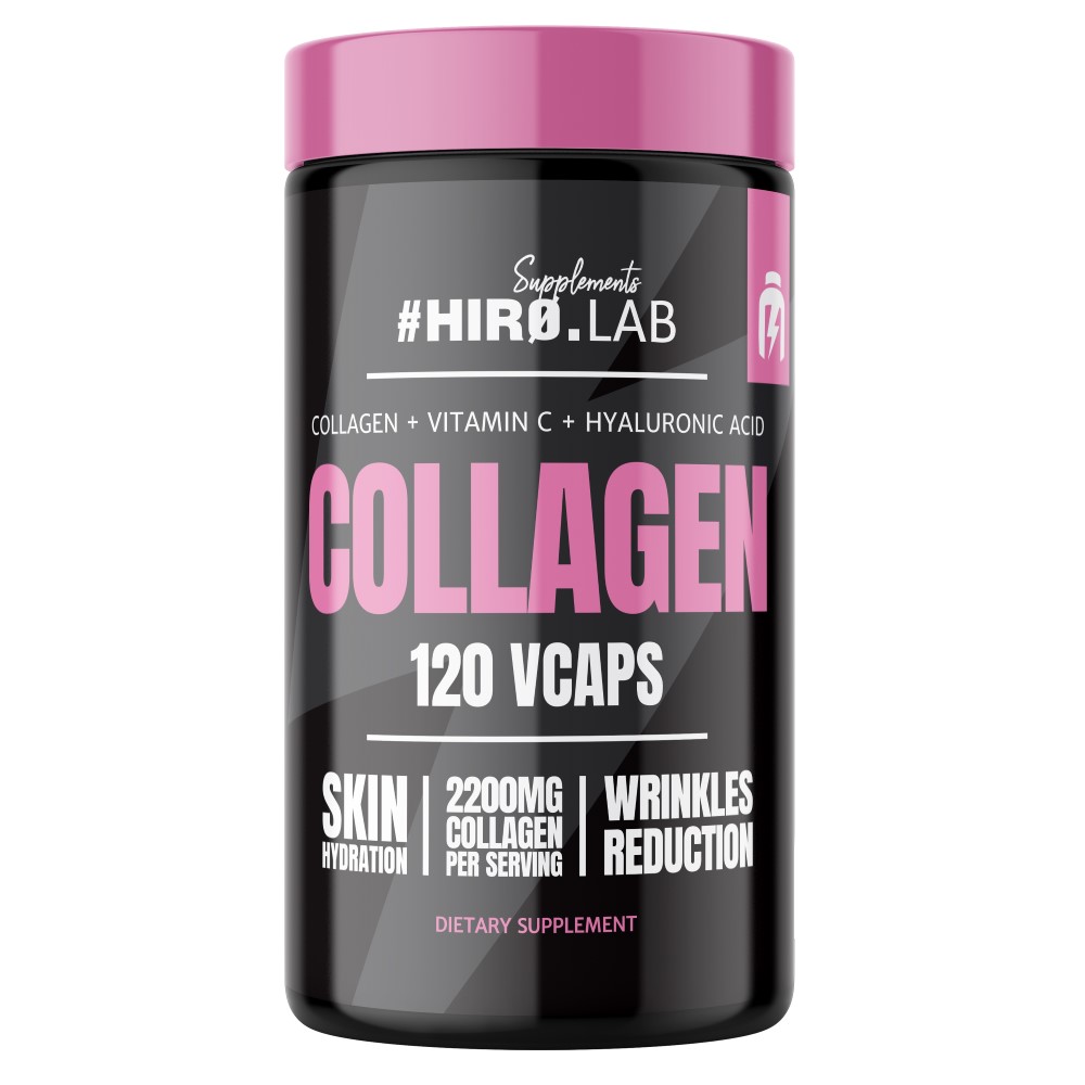 Hiro Lab Collagen 120 vcaps dietary supplement with vitamin C and hyaluronic acid, designed for skin hydration and wrinkle reduction, in a black and pink container.