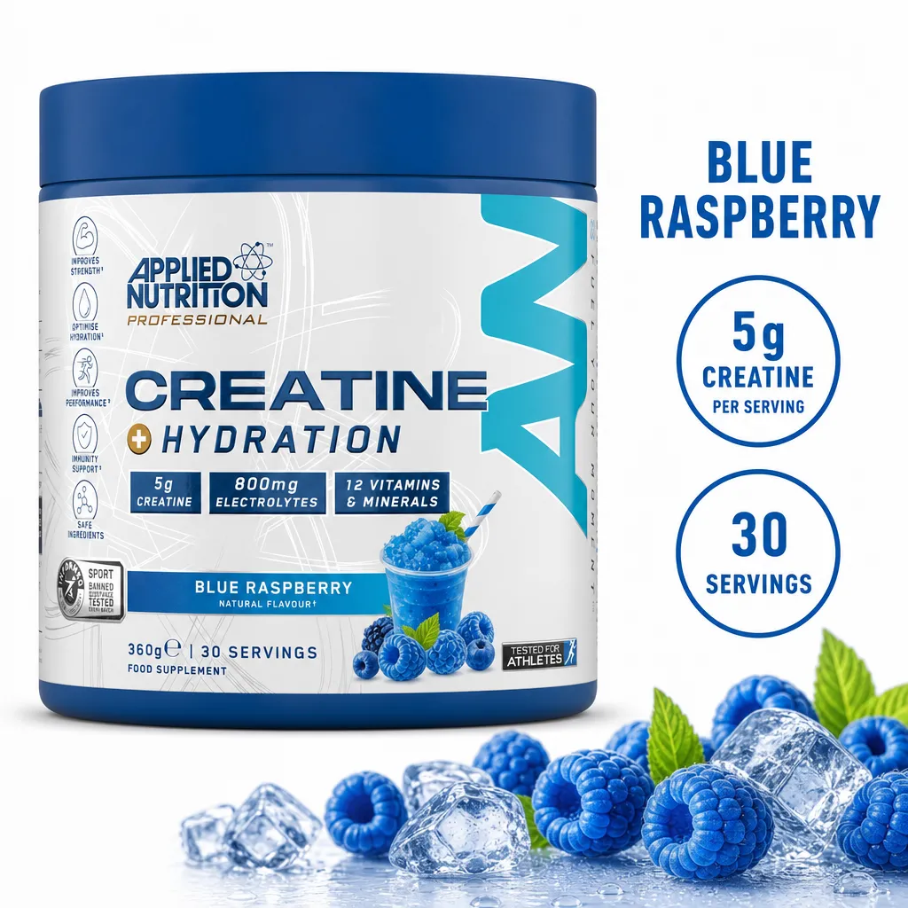 Applied Nutrition Creatine+ Hydration blue raspberry powder, 360g tub with 30 servings and 5g creatine per serving.