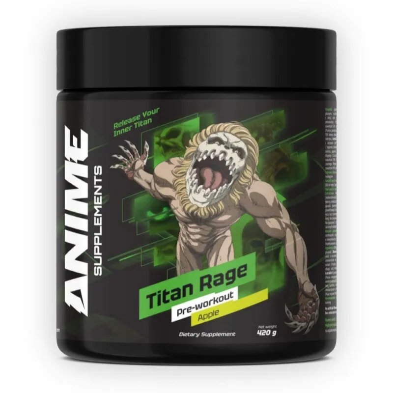 Animal Titan Rage apple-flavoured pre-workout dietary supplement, 420 g tub with a black and green label