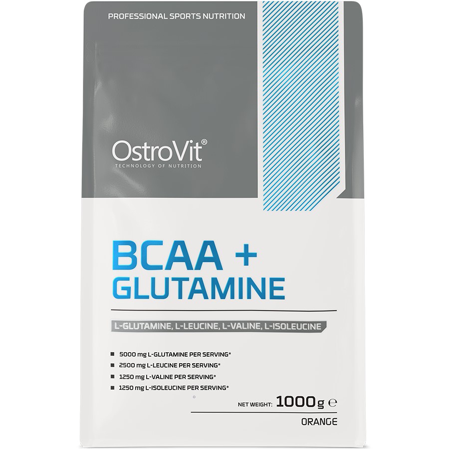 OstroVit BCAA + Glutamine 1000g orange-flavour supplement powder with L-glutamine, L-leucine, L-valine, and L-isoleucine, in a white and grey pouch.