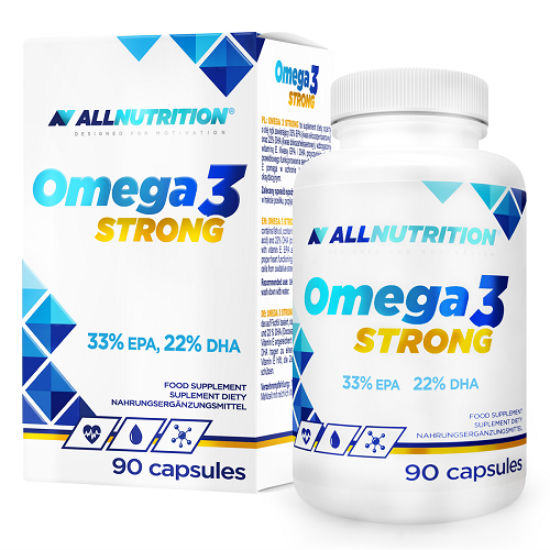 Allnutrition Omega 3 Strong 90 capsules, omega-3 dietary supplement with 33% EPA and 22% DHA, white and blue packaging