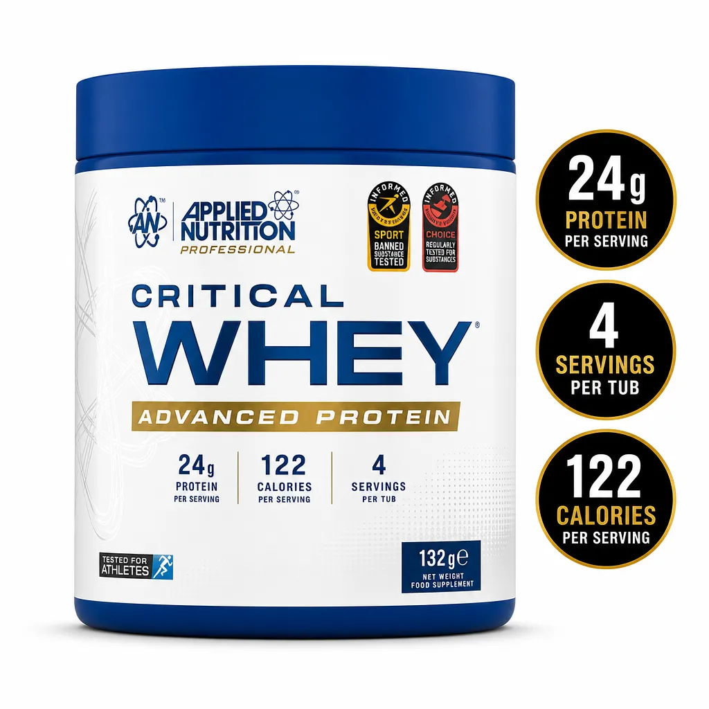 Applied Nutrition Critical Whey advanced protein supplement in a blue and white 132g tub with 4 servings and 24g protein per serving