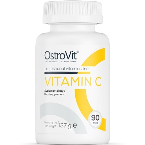 OstroVit Vitamin C 90 tabs food supplement, professional vitamins line, 137g bottle, white and yellow packaging.