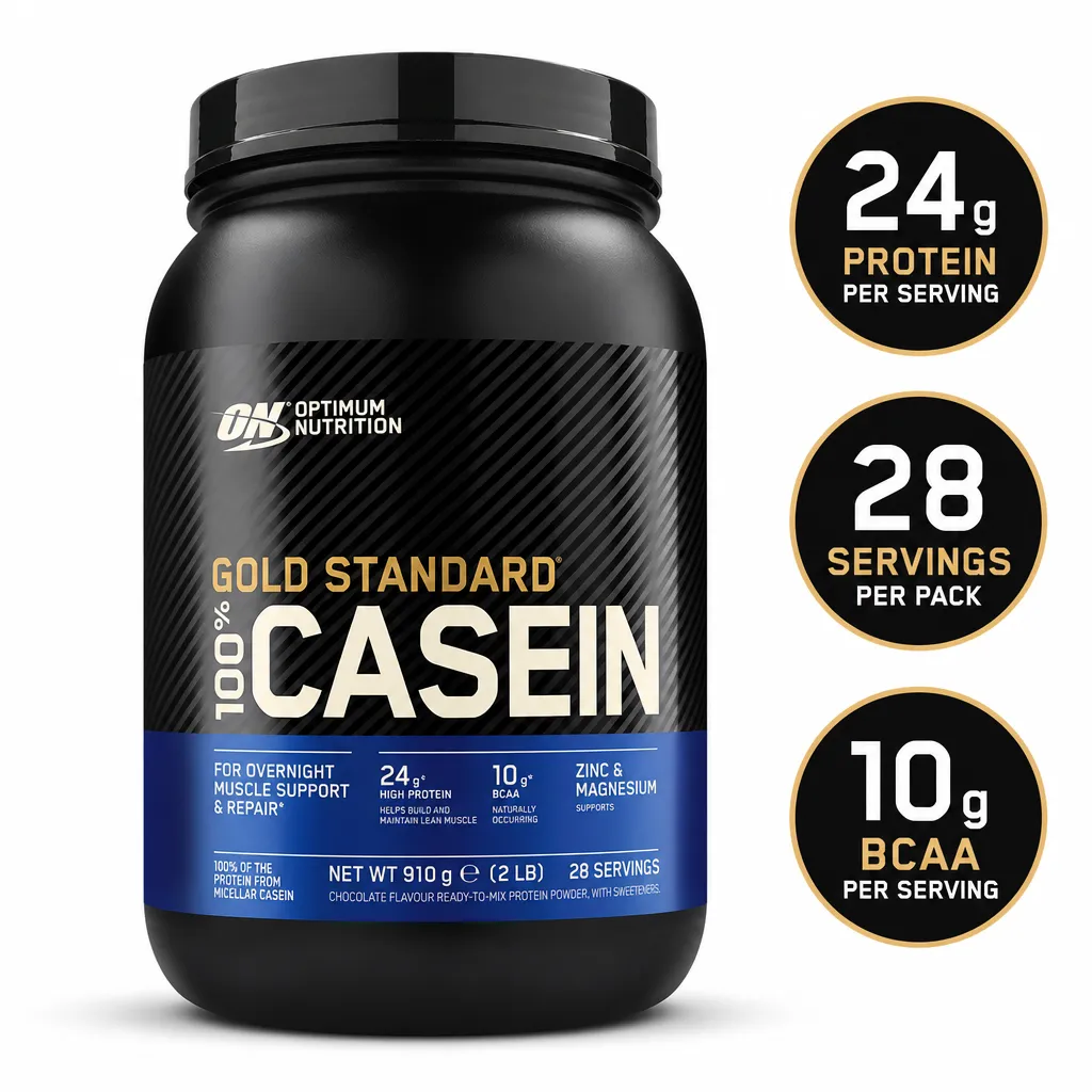 Optimum Nutrition Gold Standard 100% Casein 910g chocolate-flavour micellar casein protein powder in a black tub