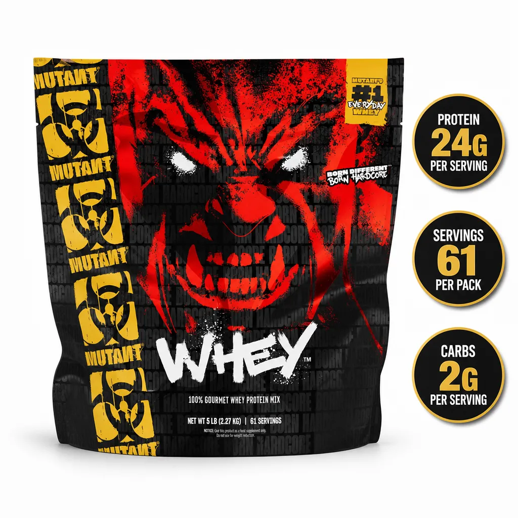 Mutant Whey 2270g whey protein powder in a black and red bag, 5 lb size with 61 servings