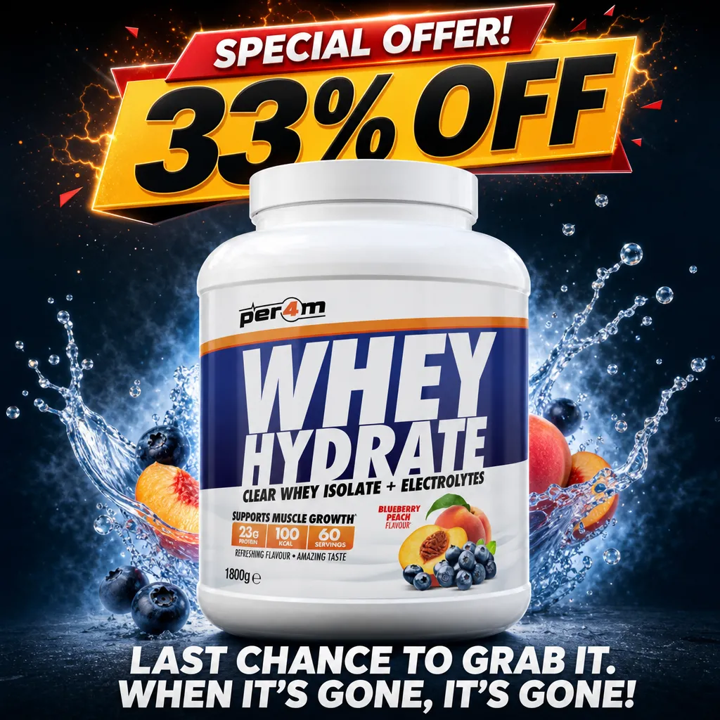 Per4m Whey Hydrate 1800g clear whey protein isolate powder with electrolytes, blueberry peach flavour, 23g protein per serving, low calorie, special offer 33% off.