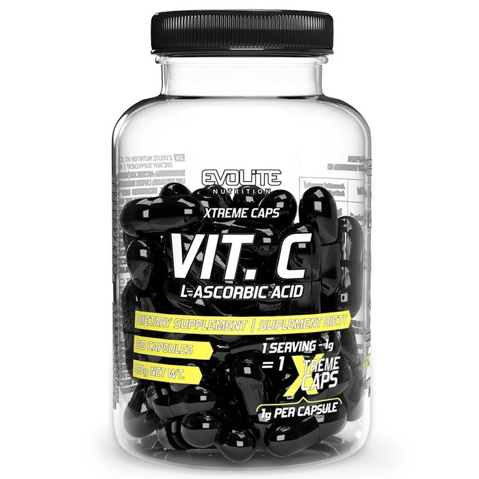 Evolite Vitamin C Xtreme L-Ascorbic Acid dietary supplement, 1000mg per capsule, 60 capsules in a transparent bottle with black capsules.