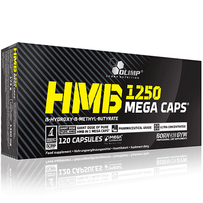 Olimp HMB 1250 Mega Caps 120 capsules, a dietary supplement containing β-hydroxy-β-methyl-butyrate for sports nutrition, in a black box packaging.