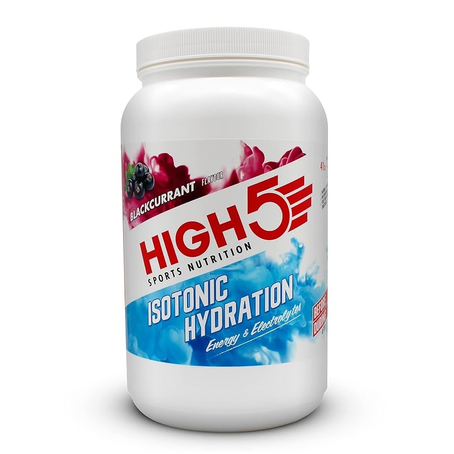 High5 Isotonic Hydration Blackcurrant 1230g sports drink powder with energy and electrolytes, in a white tub with red and blue label.