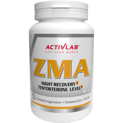 ActivLab ZMA 90 Caps dietary supplement with chelated magnesium, chelated zinc, and vitamin B6, designed for night recovery and testosterone support. White bottle with yellow and grey accents.