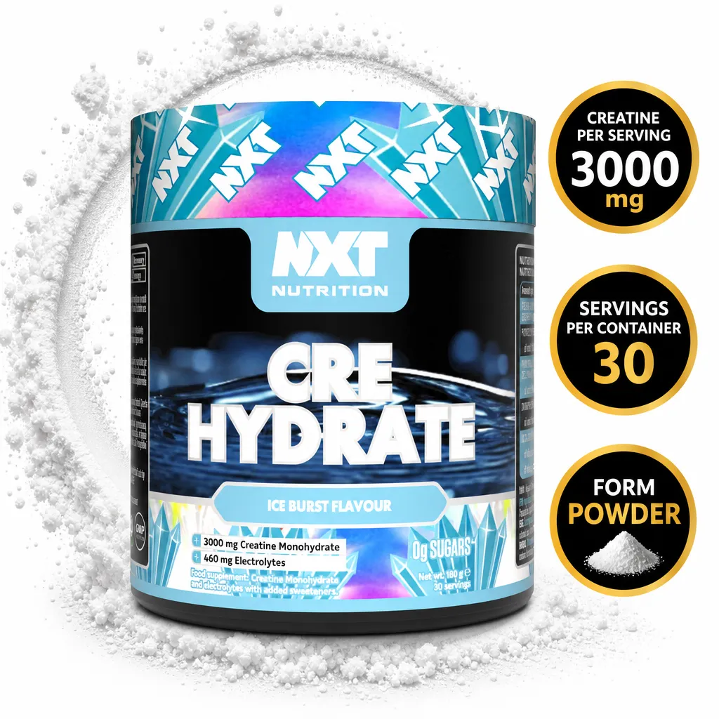 NXT Nutrition Cre Hydrate creatine and electrolyte powder, Ice Burst flavour, 180g tub with 3000mg creatine per serving