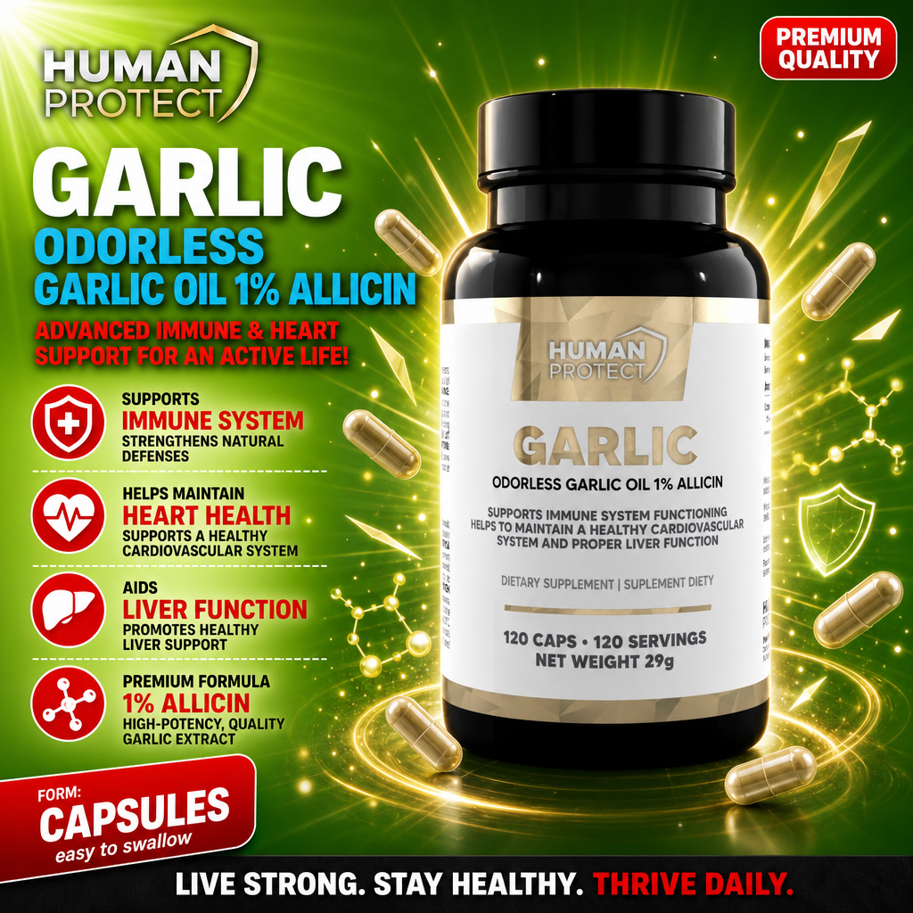 Human Protect Garlic Odorless Garlic Oil 1% Allicin capsules, 120 count, dietary supplement for immune, heart, and liver support, high-potency allicin extract, green background with capsule visuals.