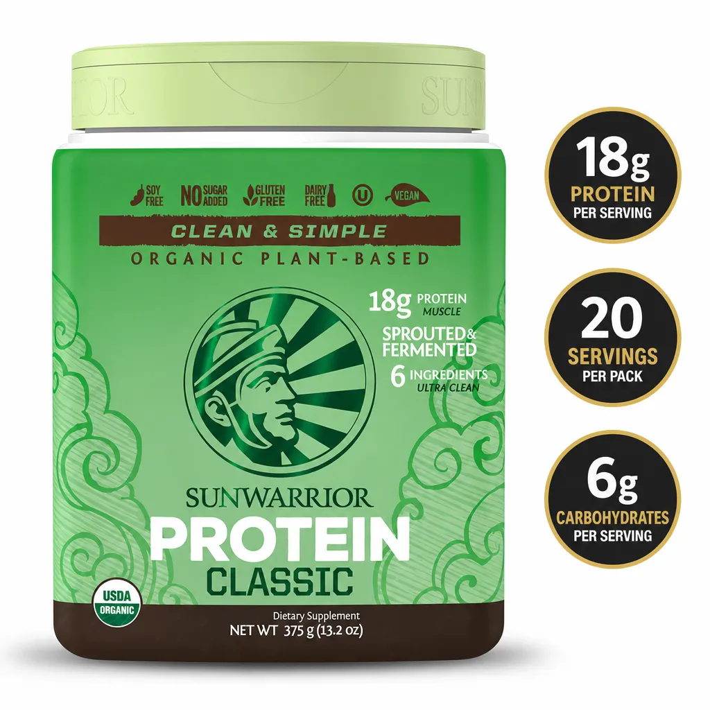 Sunwarrior Protein Classic Organic 375g plant-based protein powder in a green container with 18g protein per serving
