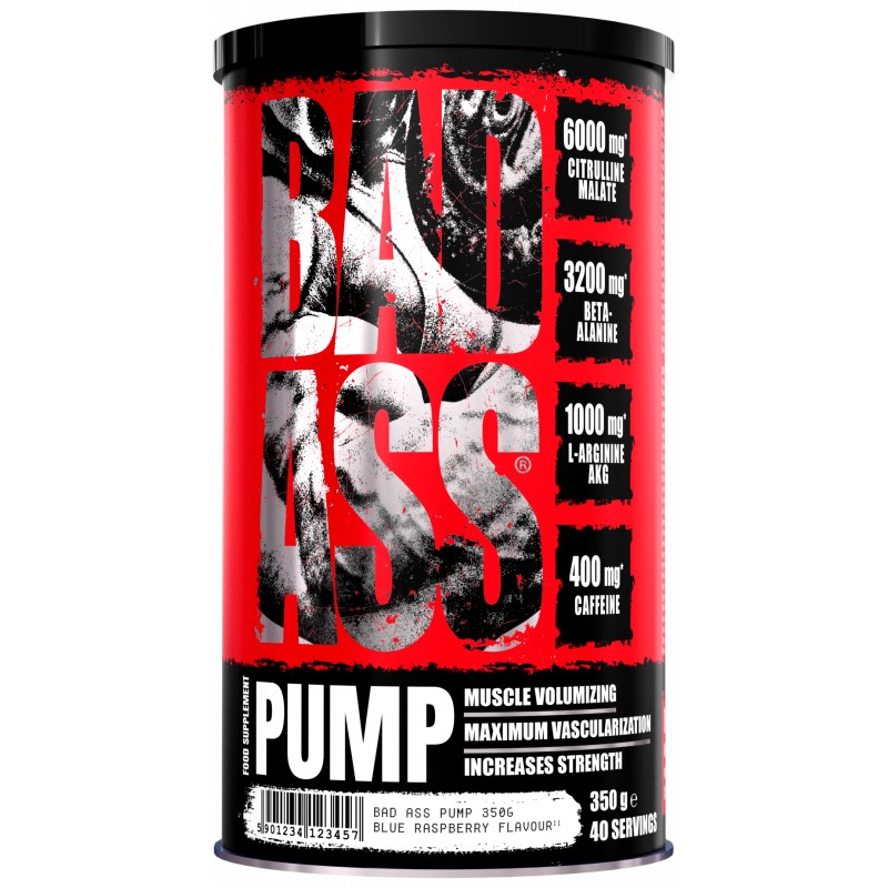 Bad Ass Pump 350g blue raspberry flavour pre-workout supplement for muscle volumizing, vascularization, and strength, in a red and black container.
