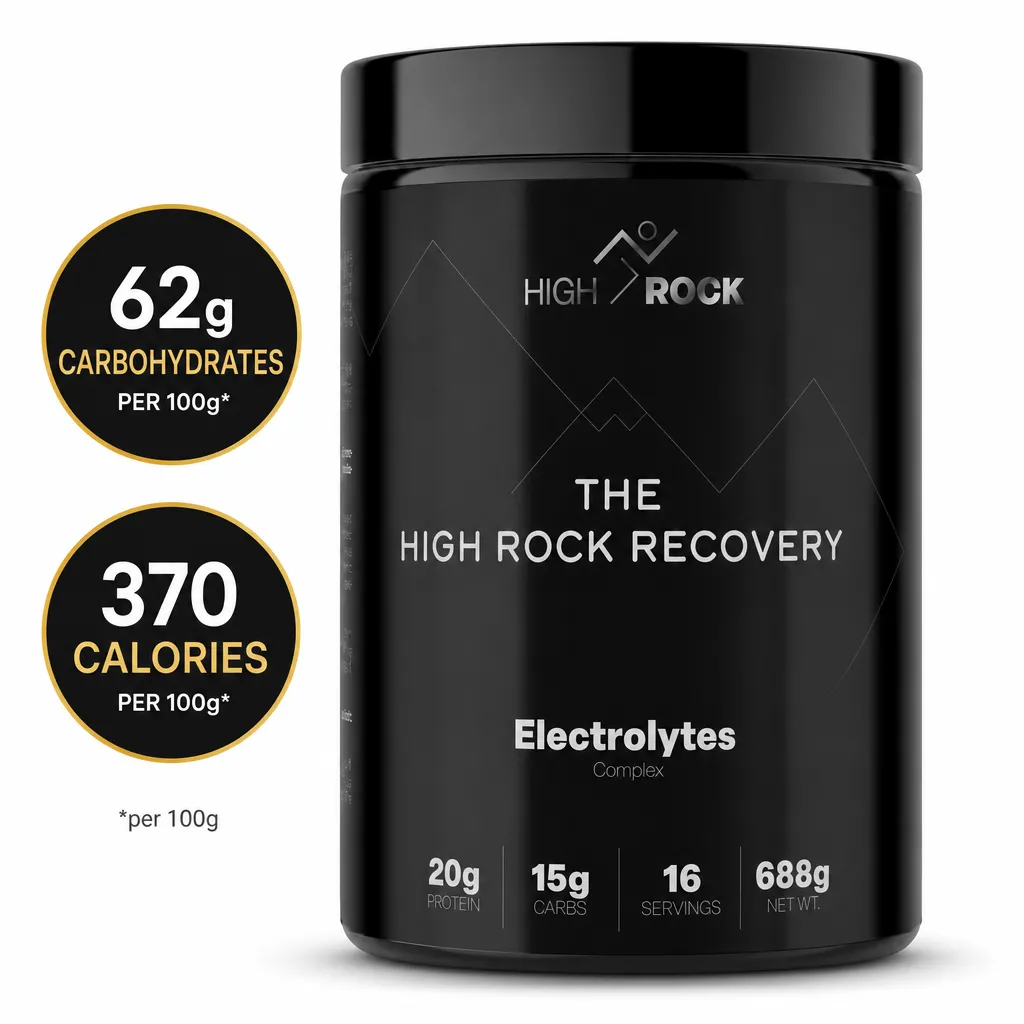High Rock Recovery post-workout drink powder, 16 servings with electrolytes, 20g protein and 15g carbohydrates in a black 688g tub