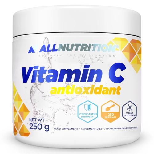 Allnutrition Vitamin C Antioxidant 250g vitamin C powder supplement with antioxidant properties, white container with blue and yellow accents.