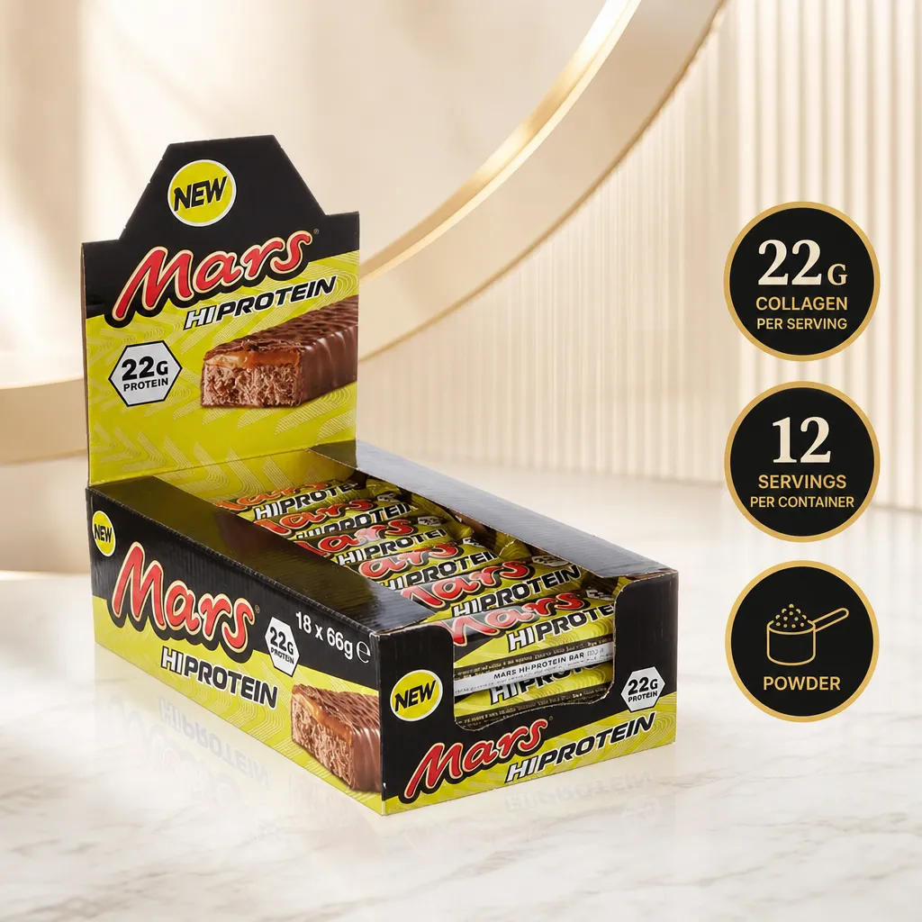 Mars Hi Protein Bar chocolate and caramel protein bars in a black and yellow display box, showing 22g protein and 18 x 66g bars
