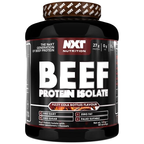 NXT Nutrition Beef Protein Isolate 1800g tub, black container with blue and white label graphics