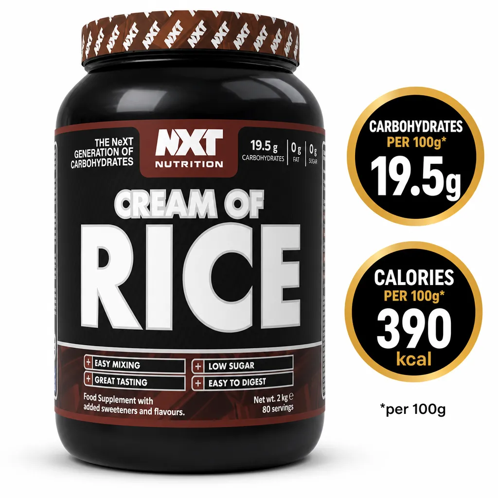 NXT Nutrition Cream Of Rice 2000g carbohydrate supplement in a black tub with chocolate-brown label and 80 servings