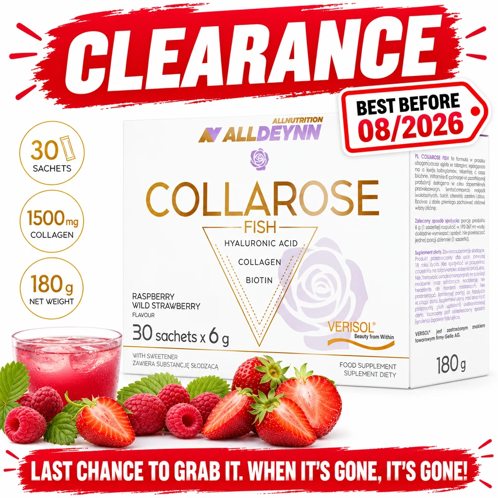 Allnutrition ALLDEYNN Collarose Fish collagen supplement in 30 raspberry and wild strawberry sachets, 6 g each.
