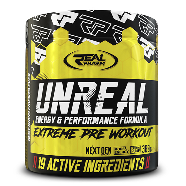 Real Pharm Unreal Energy & Performance Formula 360g extreme pre-workout supplement with 19 active ingredients, in a yellow and black container.