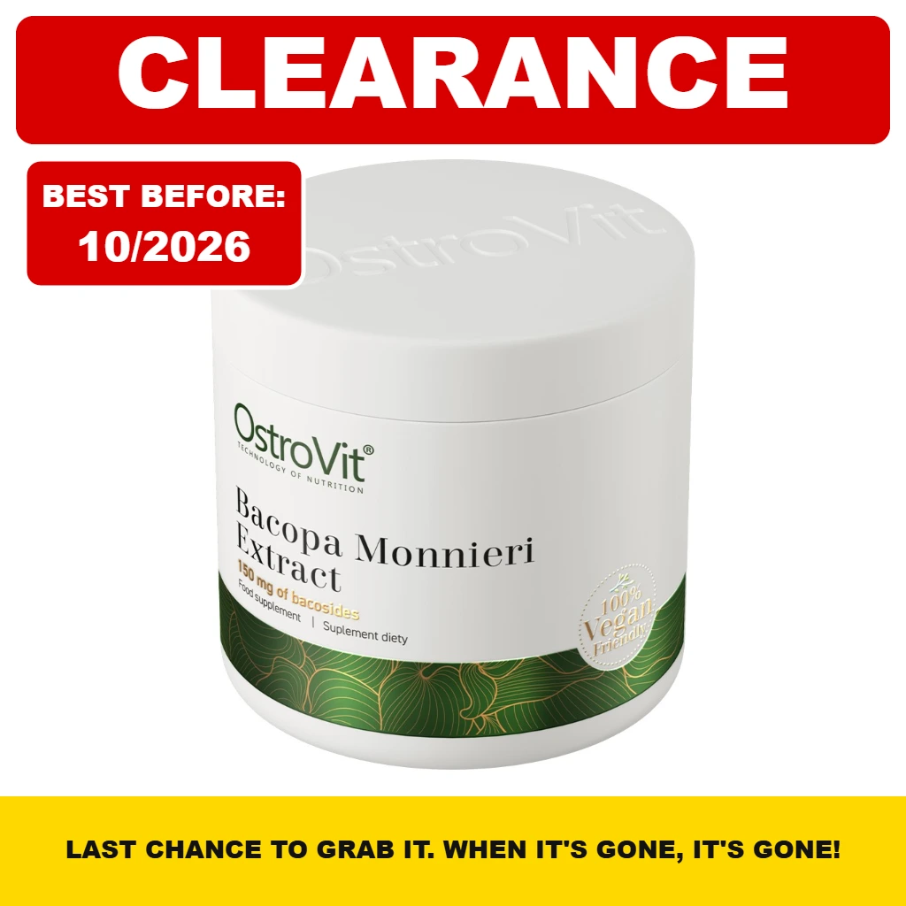 OstroVit Bacopa Monnieri Extract 150mg vegan dietary supplement in a white tub with green botanical design
