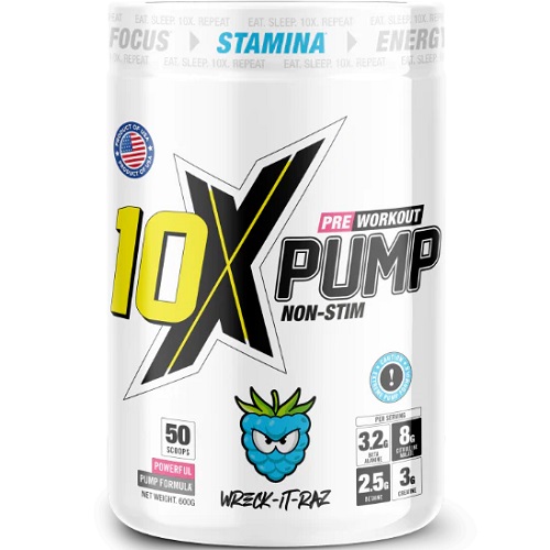 10X Athletic Pump Pre Workout Non-Stim Wreck-It-Raz flavour, a stimulant-free pre-workout supplement with 50 servings, 600g tub, white packaging with blue raspberry graphic.