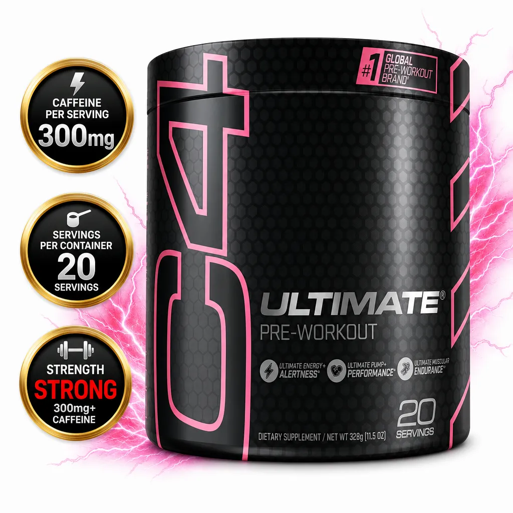 Cellucor C4 Ultimate pre-workout supplement in a black and pink tub with 20 servings and 300 mg caffeine per serving.