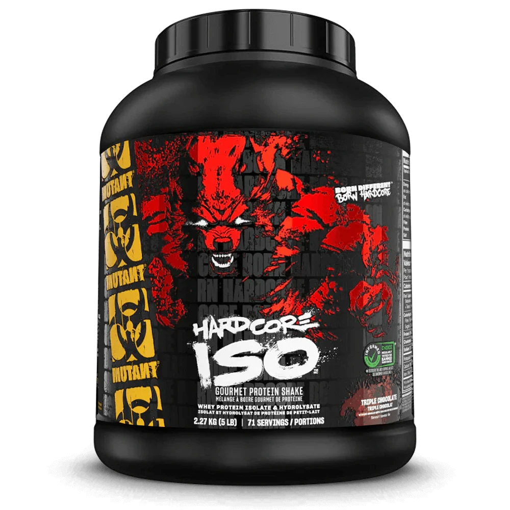 Mutant Hardcore Iso 2270g protein powder, a high-protein, low-carb supplement for muscle growth and recovery, in a black container with bold red and yellow graphics.