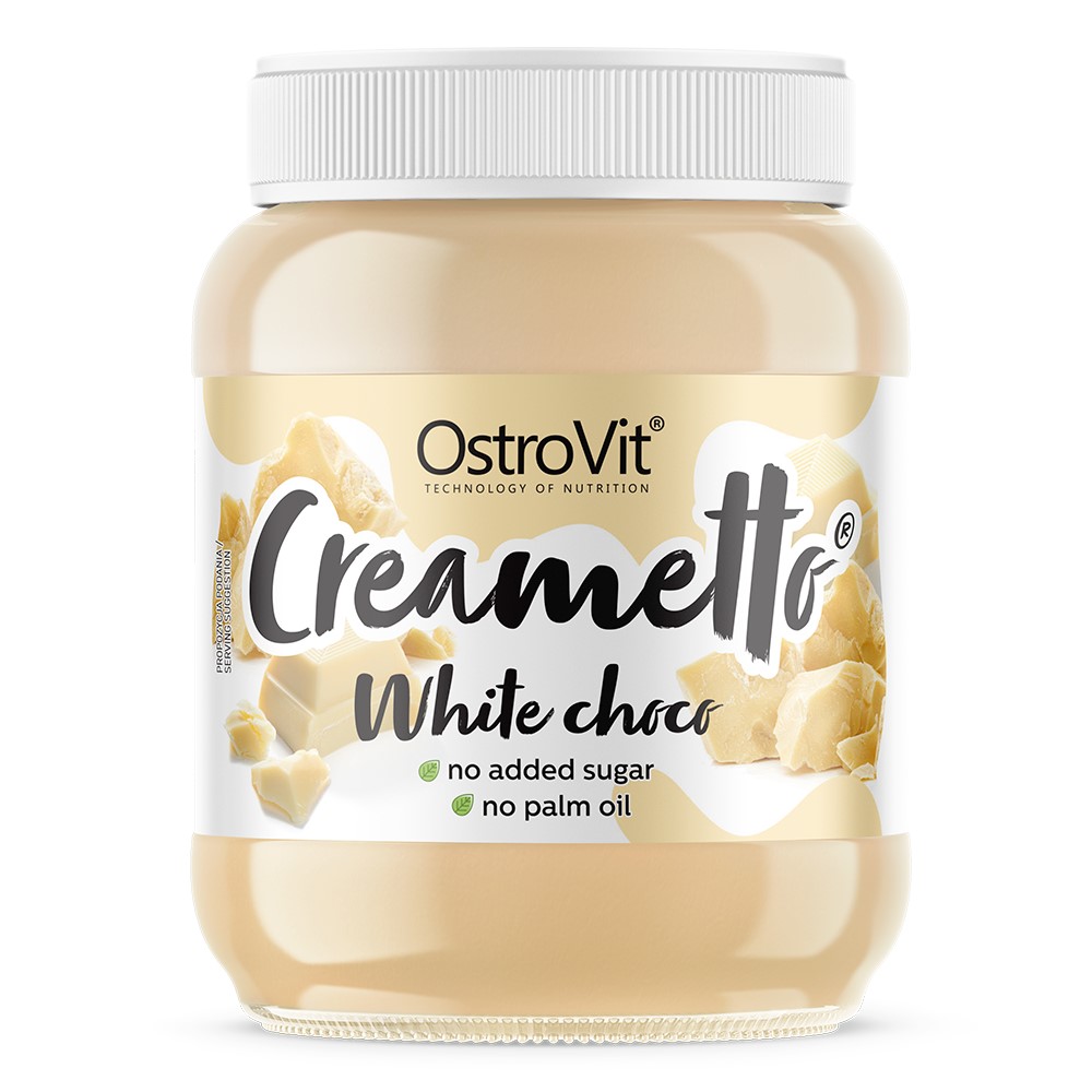 OstroVit Creametto White Choco white chocolate spread with no added sugar and no palm oil, in a 350g jar with a creamy beige color.