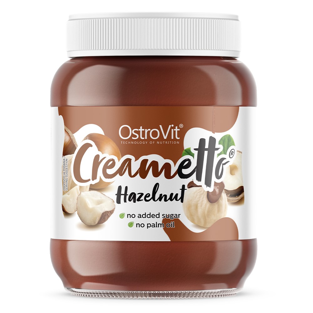OstroVit Creametto Hazelnut 350g hazelnut spread with no added sugar and no palm oil, in a brown and white jar with images of hazelnuts on the label.