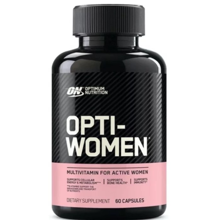 Optimum Nutrition Opti-Women multivitamin for active women, 60 capsules, black bottle with pink label, dietary supplement for energy, bone health, and immunity support.
