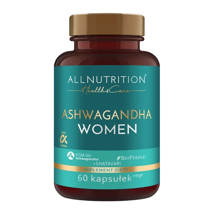 Allnutrition Ashwagandha Women dietary supplement with KSM-66 ashwagandha, BioPerine, and shatavari, 60 vege capsules, teal and gold label.