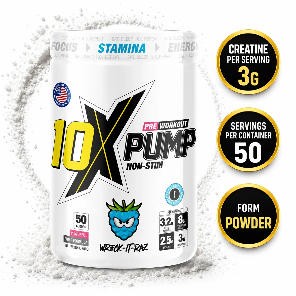 10X Athletic Pump Non-Stim Pre Workout is a Wreak-It-Raz flavoured powder supplement with 50 servings and 3g creatine per serving.