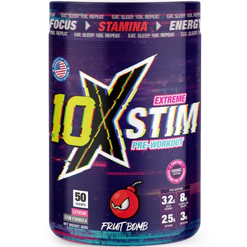 10X Athletic Extreme Stim Pre-Workout Fruit Bomb, a high-stimulant pre-workout supplement with 50 servings, 600g tub, featuring energy and stamina support.