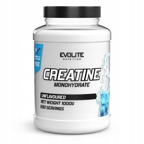 Evolite Creatine Monohydrate 1000g Unflavoured, large white tub with blue and silver Evolite Nutrition branding