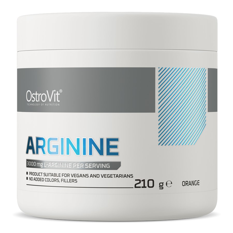OstroVit Arginine 210g orange-flavour L-arginine supplement suitable for vegans and vegetarians, with no added colors or fillers, in a white tub.