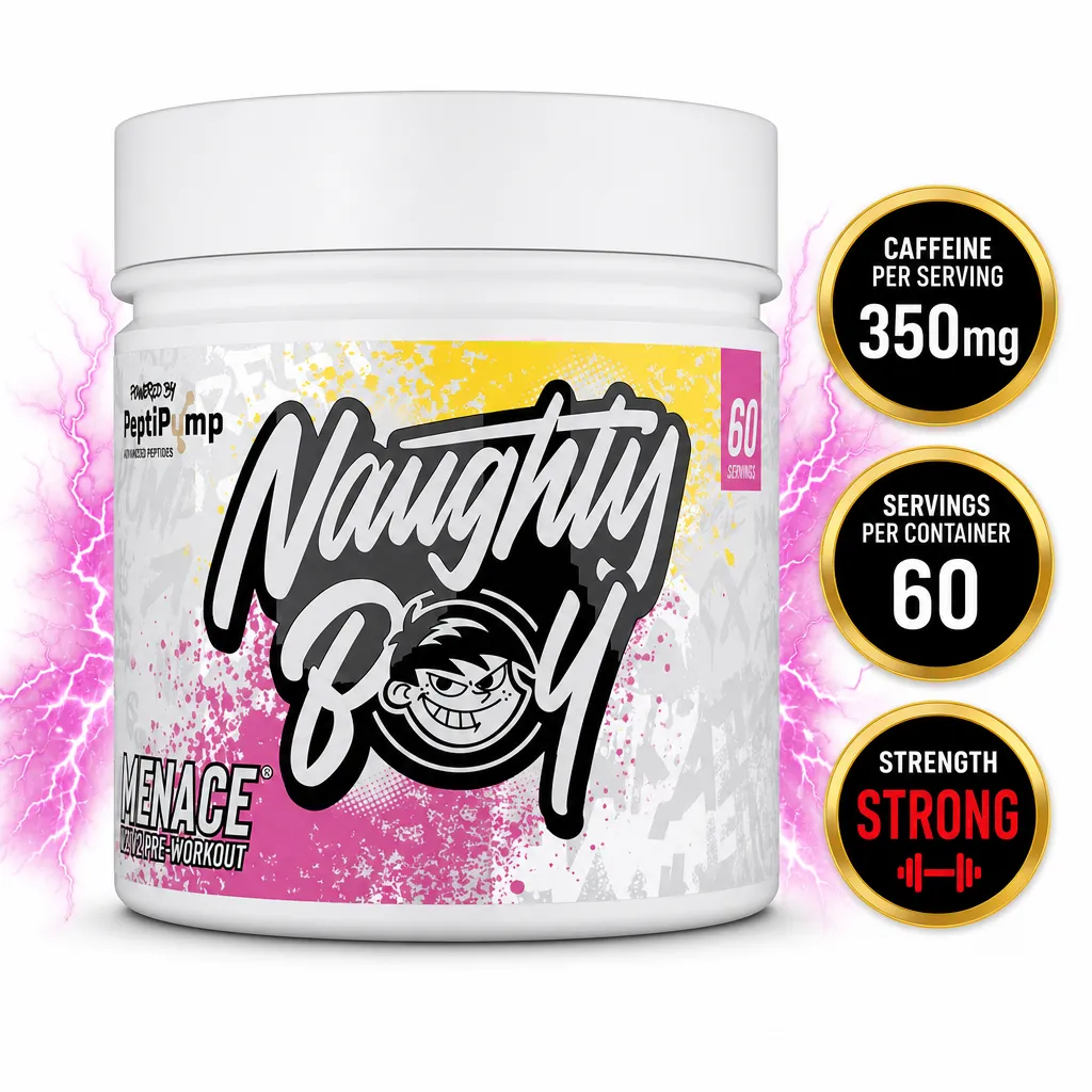 Naughty Boy Menace V2 Pre-Workout supplement tub with 60 servings, shown in white, pink and yellow packaging.