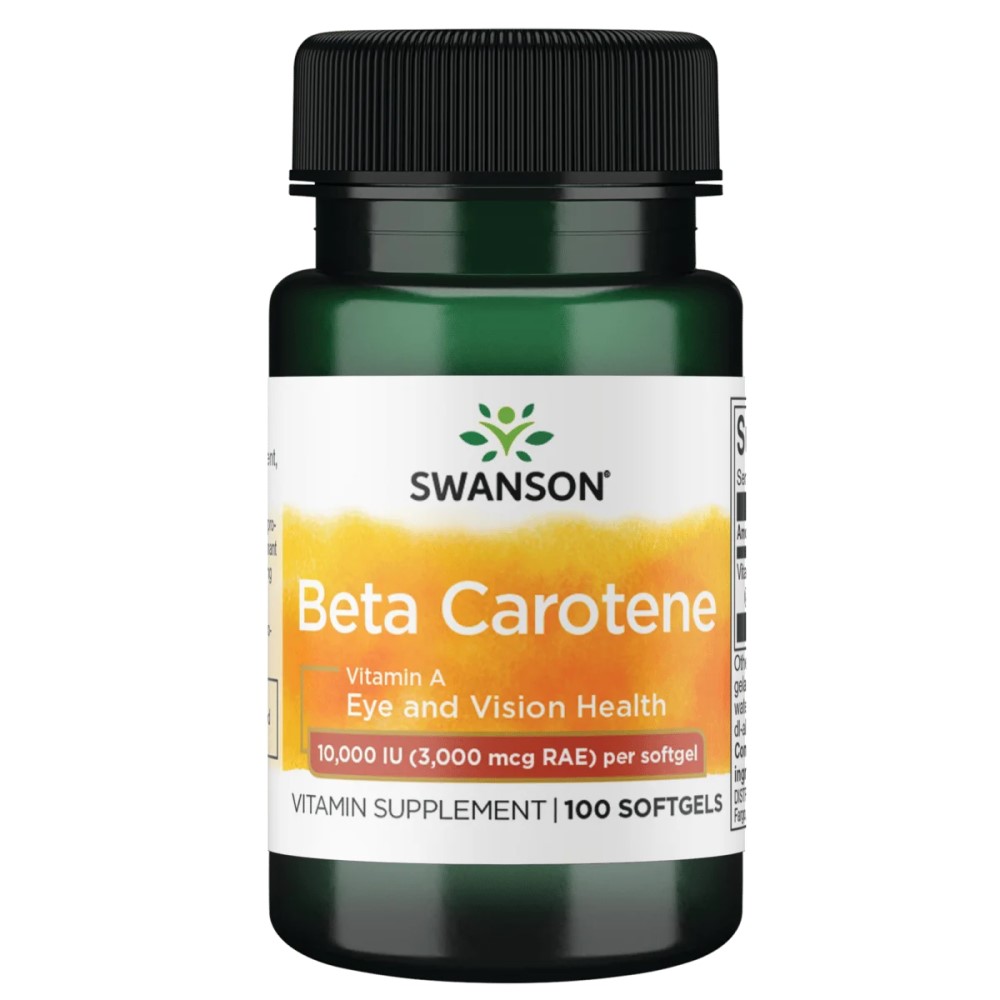 Swanson Beta Carotene Vitamin A supplement, 10000 IU per softgel, 100 softgels, for eye and vision health, in a green bottle with an orange and white label.
