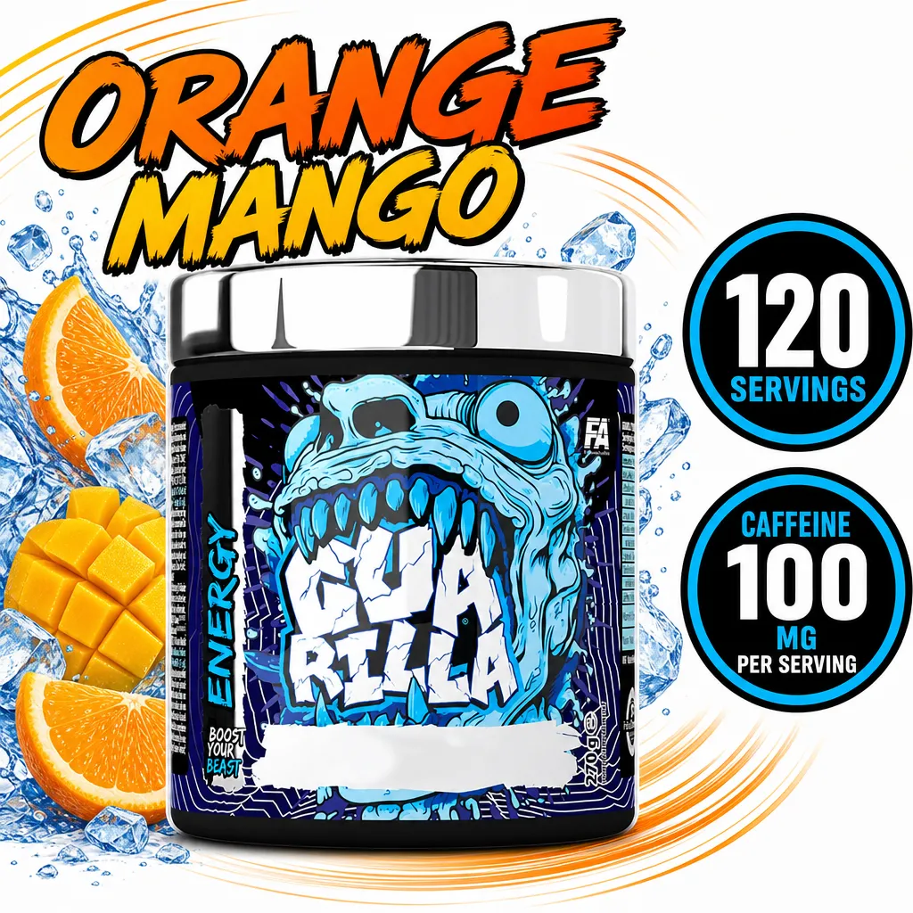 Guarilla Energy 270g orange mango pre-workout powder with 120 servings and 100mg caffeine per serving.