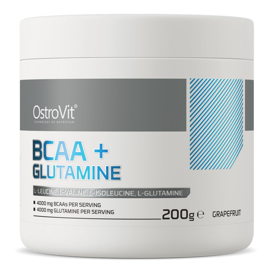 OstroVit BCAA + Glutamine 200g grapefruit-flavour amino acid supplement with 4000 mg BCAAs and 4000 mg glutamine per serving, white tub with grey and blue label.