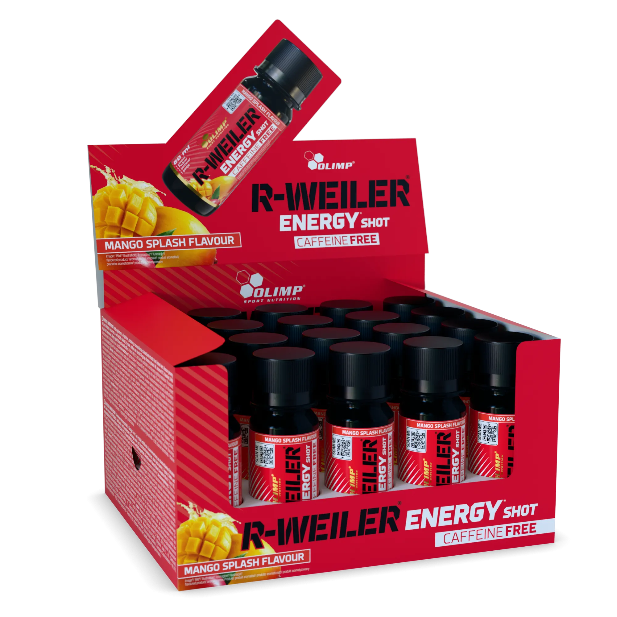 Olimp R-Weiler Energy Shots Caffeine Free Mango Splash, a 10-pack of 60ml caffeine-free pre-workout energy shots for athletes, featuring mango flavor and stimulant-free formula.
